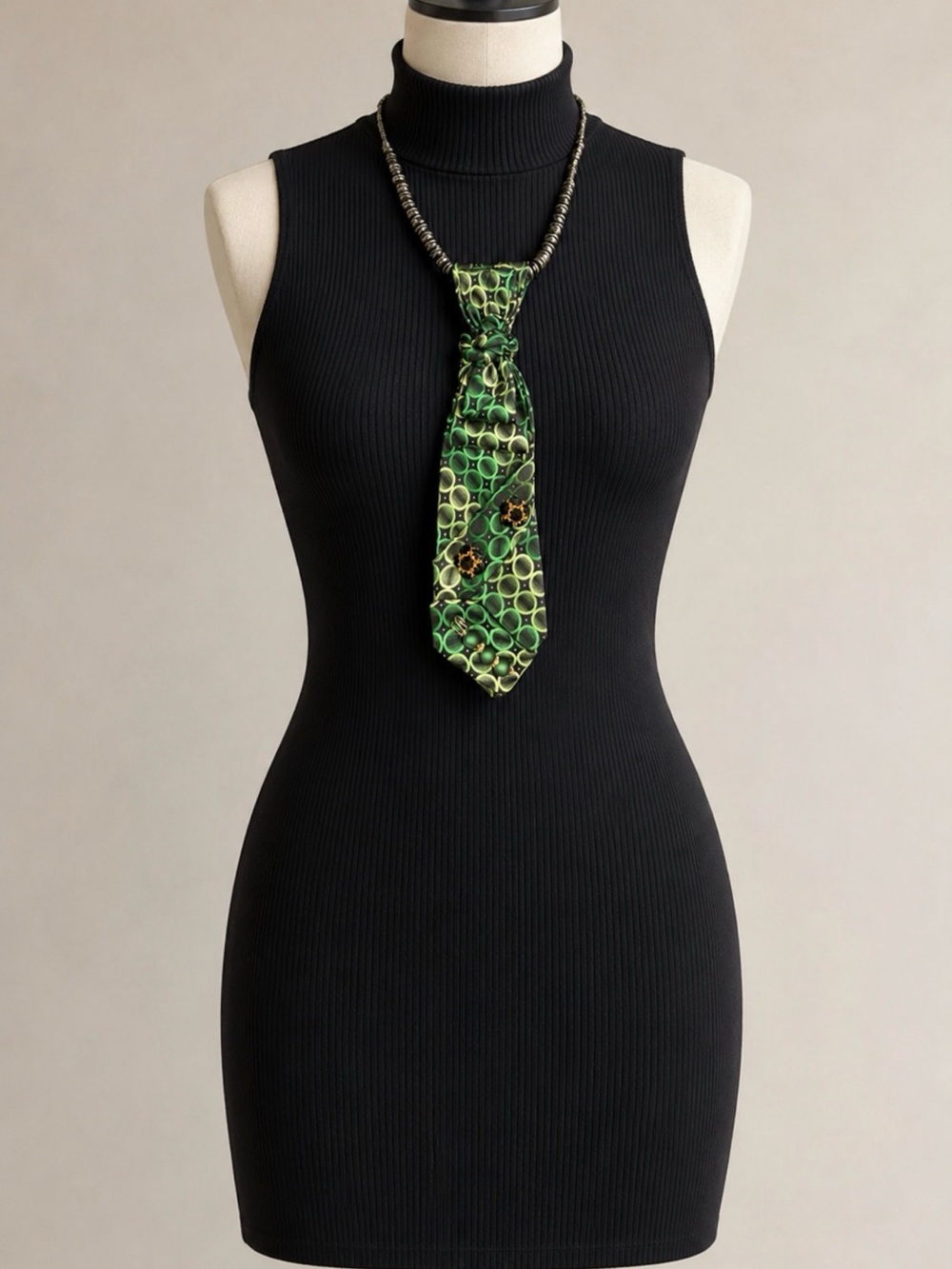 Handcrafted Green Silk Necktie Necklace Halloween Dark Academia Statement Jewel